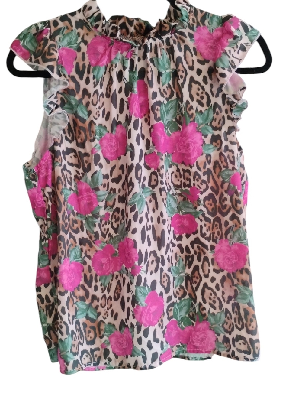 Emery Rose Women's Leopard W Pink Floral & Leopard Print Ruffle Top SZ L